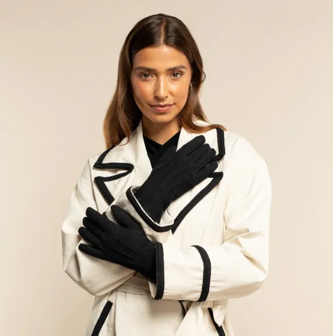 Elizabeth (schwarz) – Wildlederhandschuhe mit Kunstpelzfutter