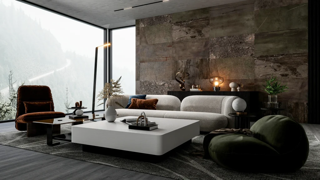 Moderner Wohnstil mit Persönlichkeit in einem stilvollen Wohnzimmer mit Natursteinwand, Panoramafenster, Designsofa und warmen Akzenten