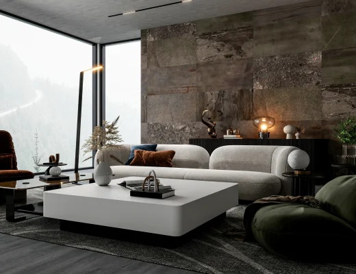 Moderner Wohnstil mit Persönlichkeit in einem stilvollen Wohnzimmer mit Natursteinwand, Panoramafenster, Designsofa und warmen Akzenten