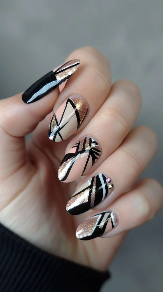 Frühlingsnägel 2026 mit grafischem Nageldesign in Schwarz, Nude und Roségold, moderne Nägel mit metallischen Akzenten