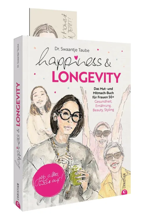 Buchcover Happiness & Longevity von Dr. Swaantje Taube für Frauen Gesundheit Longevity Lifestyle