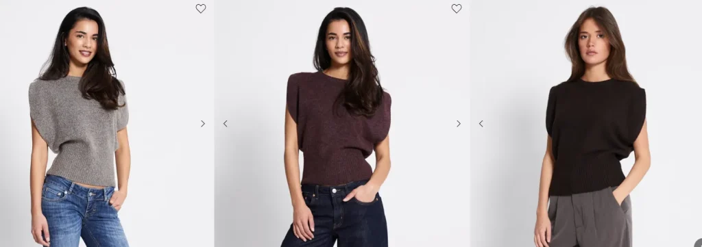 Drei Models präsentieren ärmellose Strickoberteile und Denim aus der Damenkollektion von Lager 157 in Grau-, Braun- und Anthrazittönen.