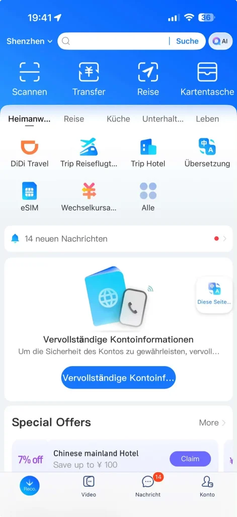 Alipay App in Shenzhen mit eSIM, Übersetzung und Reisefunktionen während unserer China-Reise