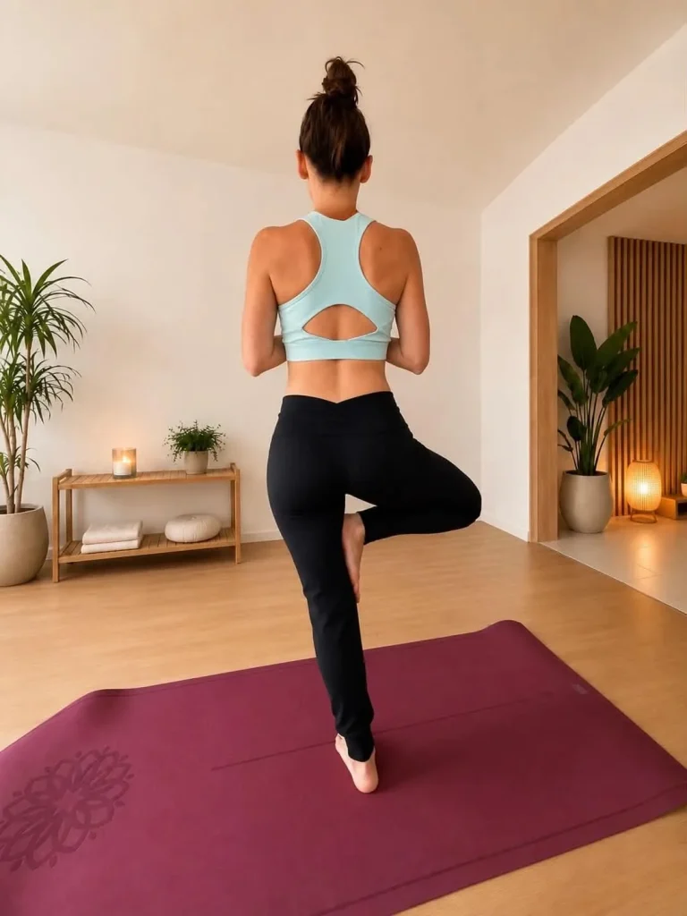 Redakteurin Sandra im Wohnzimmer, die Yoga auf einer roten Matte macht