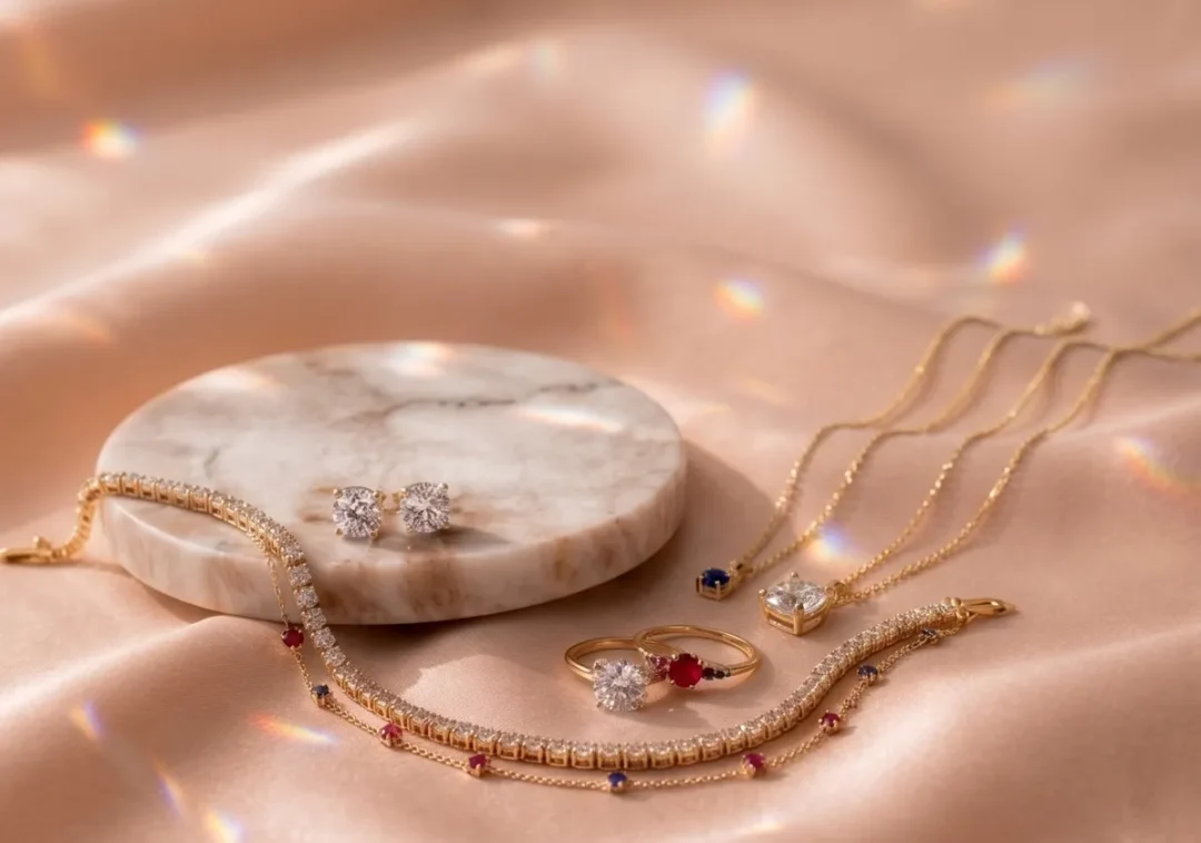 Schmuck mit Edelsteinen auf einem Marmortisch
