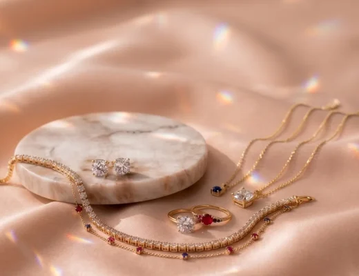 Schmuck mit Edelsteinen auf einem Marmortisch
