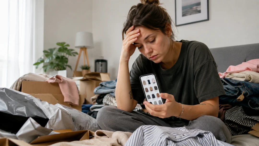 Frau blickt erschöpft auf ihr Smartphone zwischen Kleidung und Paketen – Symbolbild für Vinted-Müdigkeit und Entscheidungsstress beim Second-Hand-Shopping