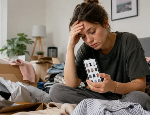 Frau blickt erschöpft auf ihr Smartphone zwischen Kleidung und Paketen – Symbolbild für Vinted-Müdigkeit und Entscheidungsstress beim Second-Hand-Shopping