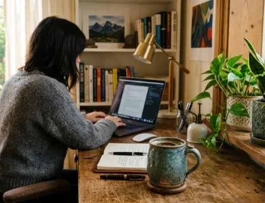 Person im grauen Pullover arbeitet am Laptop im Homeoffice neben einem Keramik-Kaffeebecher und Pflanzen.