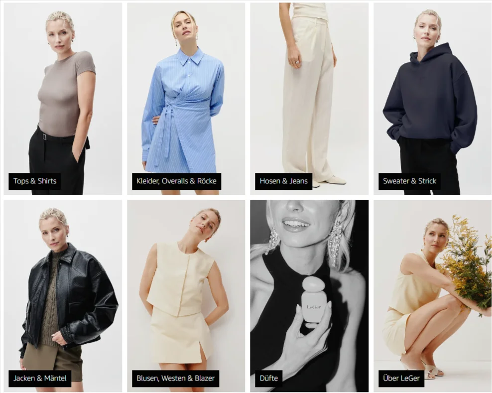 LeGer Sortiment bei Amazon mit Tops, Kleidern, Hosen, Strick, Jacken und Düften