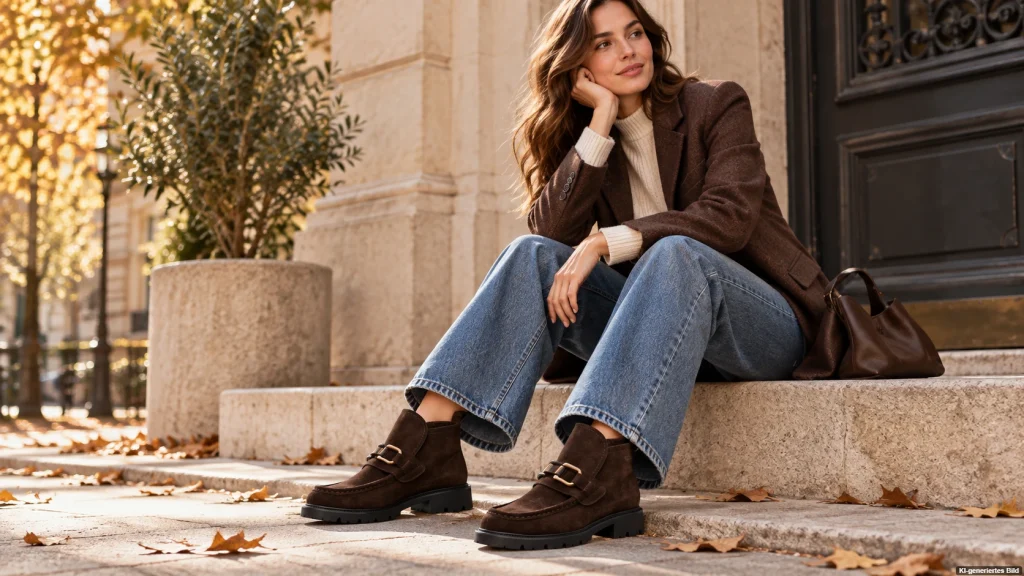 Braune Tamaris-Stiefeletten zu Wide-Leg-Jeans und braunem Blazer im Herbst 2026