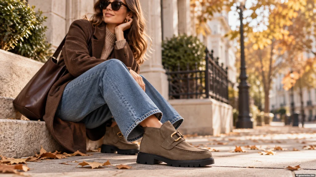 Braune Tamaris-Stiefeletten zu Wide-Leg-Jeans und braunem Blazer in einem herbstlichen Outfit