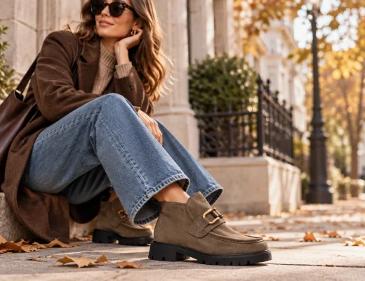 Braune Tamaris-Stiefeletten zu Wide-Leg-Jeans und braunem Blazer in einem herbstlichen Outfit
