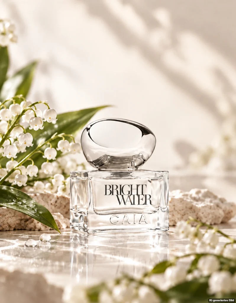 Bright Water von Caia mit Maiglöckchen neben dem Parfumflakon