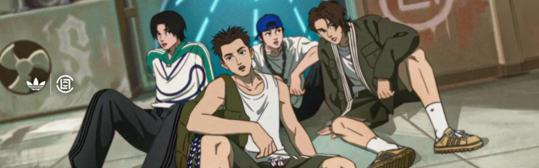 Anime-Illustration zur Adidas x CLOT Kollektion 2026 mit vier Figuren in Streetwear und Adidas-Sneakern.