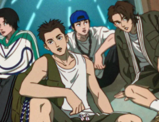 Anime-Illustration zur Adidas x CLOT Kollektion 2026 mit vier Figuren in Streetwear und Adidas-Sneakern.