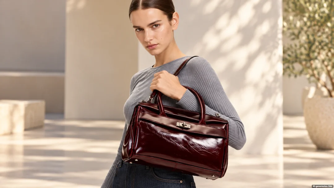 Model mit glänzender bordeauxfarbener Liebeskind Archive Gloria II Handtasche, grauem Rippoberteil und dunkler Jeans.
