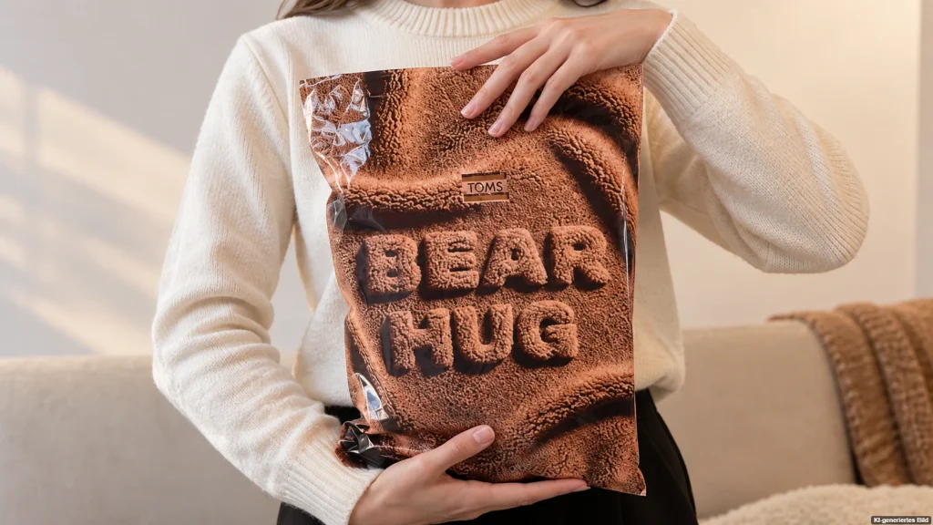 Vier Varianten, aber nur eine landet im Paket: Der TOMS Bear Hug erscheint als Mystery Drop mit Teddy-Oberfläche und Blind-Bag-Prinzip.
