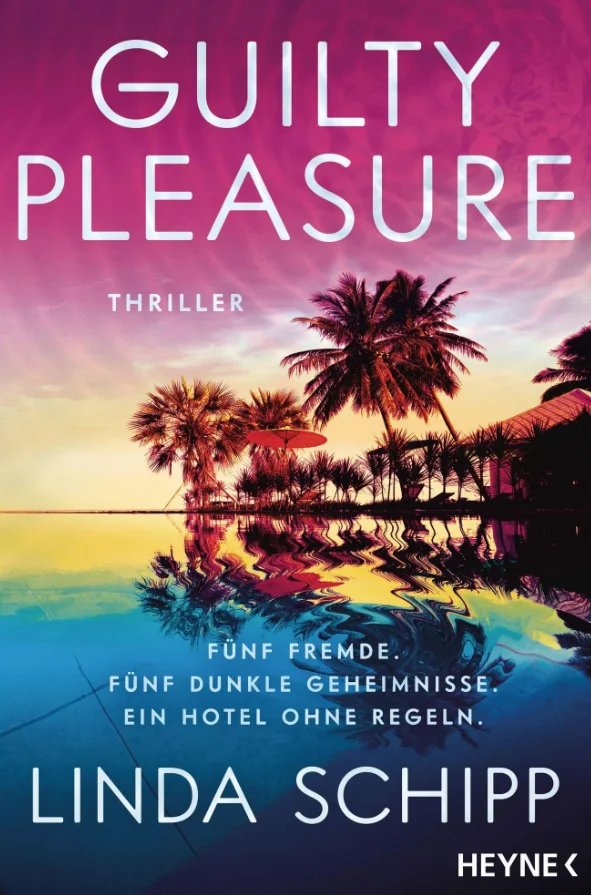 Buchcover „Guilty Pleasure“ von Linda Schnipp mit tropischen Palmen und einem farbenprächtigen Sonnenuntergang