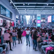 Fast Fashion: Jugendliche und junge Erwachsene kaufen in einem Store in einer belebten Innenstadt, Symbol für schnellen Modekonsum und Überkonsum.