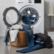 Jeans waschen – offene Frontlader-Waschmaschine mit sortierten blauen und schwarzen Jeans im Wäschekorb, bereit für das richtige Programm bei 30 °C.