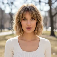 Cami Cut mit weichen Stufen und Curtain-Pony bei blondem, schulterlangem Haar – natürlich gestylt im Park, trendige Low-Maintenance-Frisur.