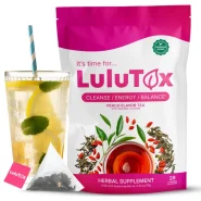 Lulutox Tee Produktfoto – Packung „Peach Flavor Tea“ mit Glas Eistee, Zitrone, Minze und Pyramidenbeutel; Detox- und Wellness-Tee mit 28 Pyramidenbeuteln.